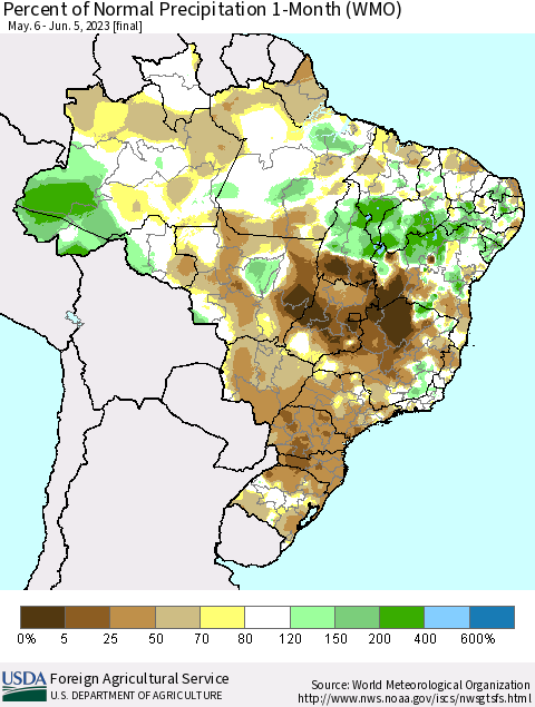 Brazil Percent of Normal Precipitation 1-Month (WMO) Thematic Map For 5/6/2023 - 6/5/2023