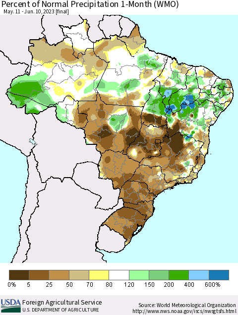 Brazil Percent of Normal Precipitation 1-Month (WMO) Thematic Map For 5/11/2023 - 6/10/2023