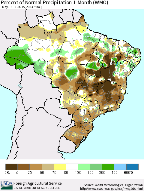 Brazil Percent of Normal Precipitation 1-Month (WMO) Thematic Map For 5/16/2023 - 6/15/2023