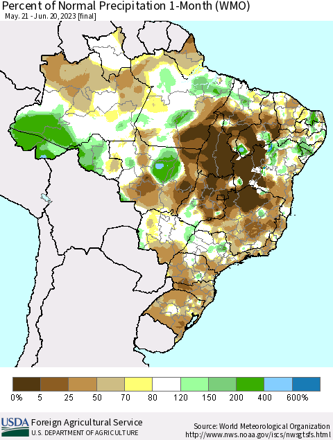 Brazil Percent of Normal Precipitation 1-Month (WMO) Thematic Map For 5/21/2023 - 6/20/2023