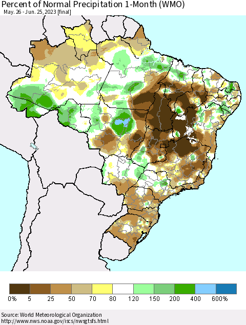 Brazil Percent of Normal Precipitation 1-Month (WMO) Thematic Map For 5/26/2023 - 6/25/2023