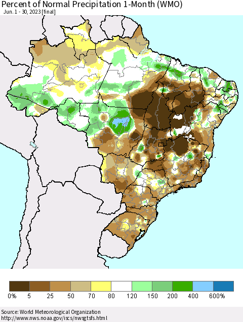 Brazil Percent of Normal Precipitation 1-Month (WMO) Thematic Map For 6/1/2023 - 6/30/2023