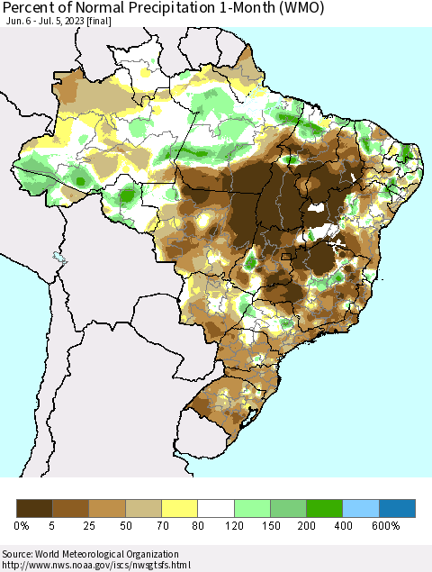 Brazil Percent of Normal Precipitation 1-Month (WMO) Thematic Map For 6/6/2023 - 7/5/2023