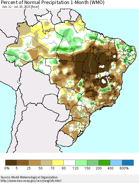 Brazil Percent of Normal Precipitation 1-Month (WMO) Thematic Map For 6/11/2023 - 7/10/2023