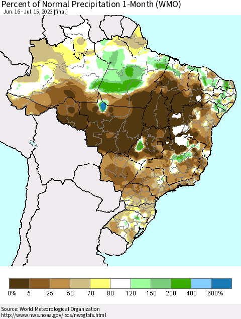 Brazil Percent of Normal Precipitation 1-Month (WMO) Thematic Map For 6/16/2023 - 7/15/2023