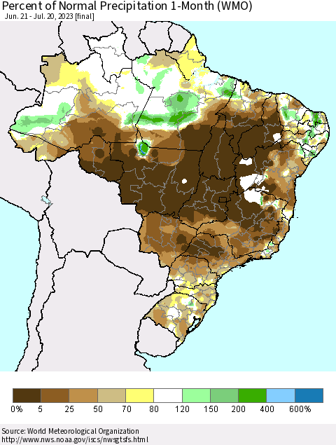 Brazil Percent of Normal Precipitation 1-Month (WMO) Thematic Map For 6/21/2023 - 7/20/2023