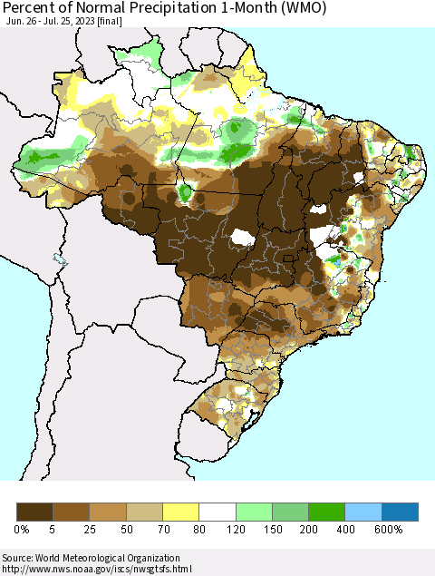 Brazil Percent of Normal Precipitation 1-Month (WMO) Thematic Map For 6/26/2023 - 7/25/2023