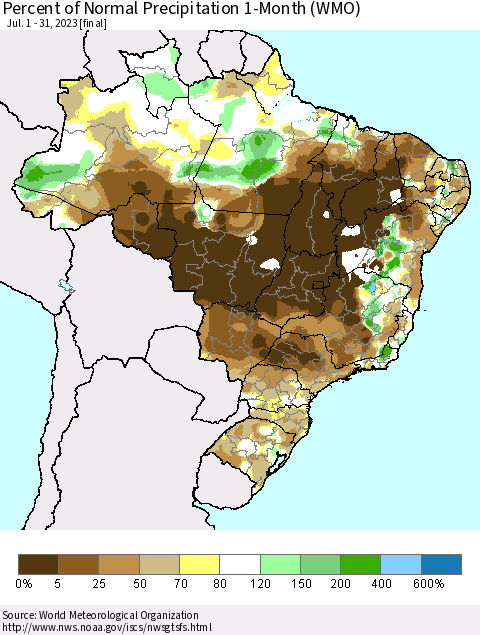 Brazil Percent of Normal Precipitation 1-Month (WMO) Thematic Map For 7/1/2023 - 7/31/2023