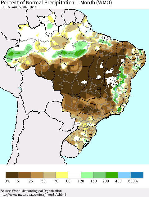 Brazil Percent of Normal Precipitation 1-Month (WMO) Thematic Map For 7/6/2023 - 8/5/2023