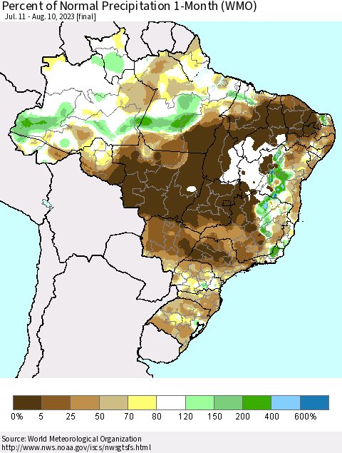 Brazil Percent of Normal Precipitation 1-Month (WMO) Thematic Map For 7/11/2023 - 8/10/2023