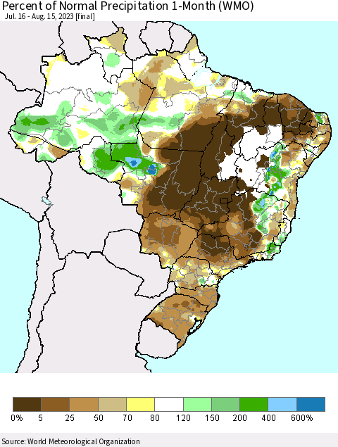 Brazil Percent of Normal Precipitation 1-Month (WMO) Thematic Map For 7/16/2023 - 8/15/2023