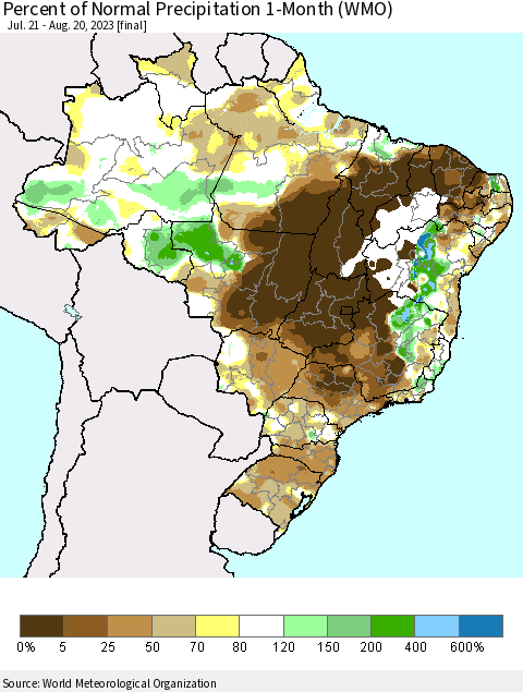 Brazil Percent of Normal Precipitation 1-Month (WMO) Thematic Map For 7/21/2023 - 8/20/2023