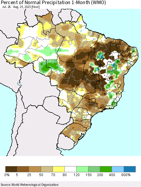 Brazil Percent of Normal Precipitation 1-Month (WMO) Thematic Map For 7/26/2023 - 8/25/2023