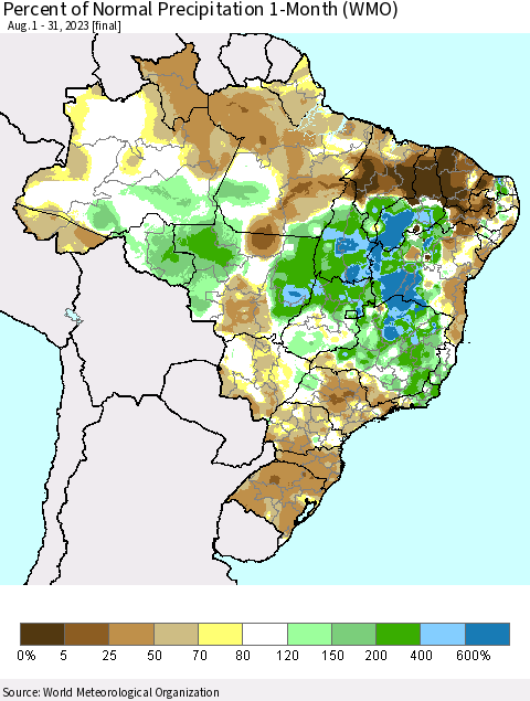 Brazil Percent of Normal Precipitation 1-Month (WMO) Thematic Map For 8/1/2023 - 8/31/2023