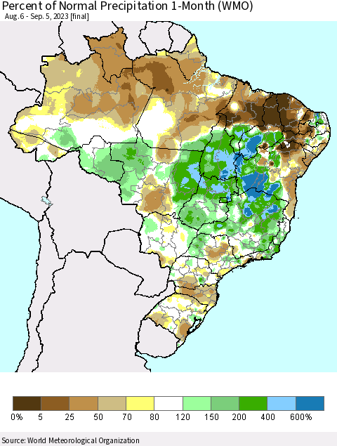 Brazil Percent of Normal Precipitation 1-Month (WMO) Thematic Map For 8/6/2023 - 9/5/2023