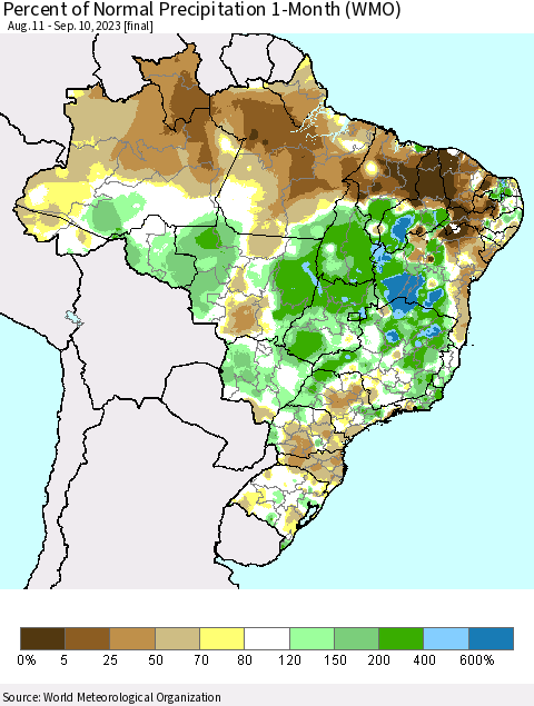 Brazil Percent of Normal Precipitation 1-Month (WMO) Thematic Map For 8/11/2023 - 9/10/2023