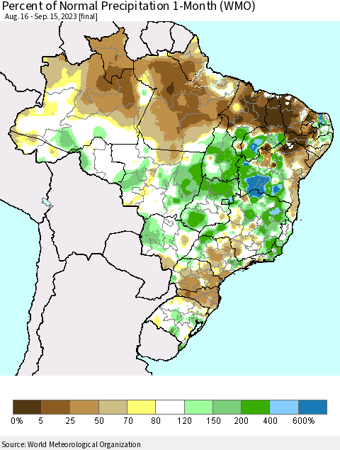 Brazil Percent of Normal Precipitation 1-Month (WMO) Thematic Map For 8/16/2023 - 9/15/2023