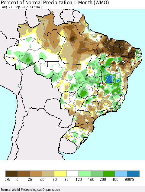 Brazil Percent of Normal Precipitation 1-Month (WMO) Thematic Map For 8/21/2023 - 9/20/2023