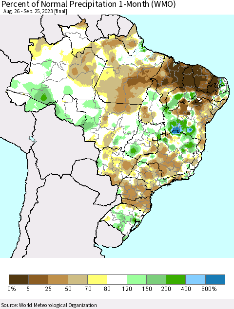 Brazil Percent of Normal Precipitation 1-Month (WMO) Thematic Map For 8/26/2023 - 9/25/2023