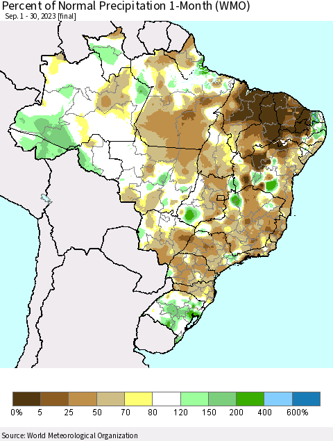 Brazil Percent of Normal Precipitation 1-Month (WMO) Thematic Map For 9/1/2023 - 9/30/2023