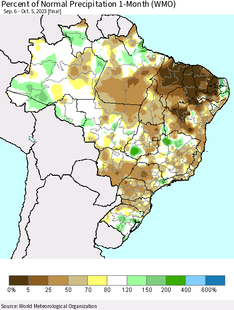 Brazil Percent of Normal Precipitation 1-Month (WMO) Thematic Map For 9/6/2023 - 10/5/2023