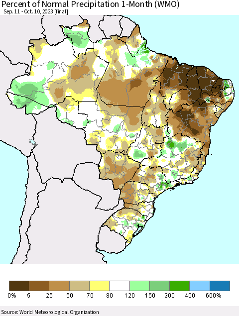 Brazil Percent of Normal Precipitation 1-Month (WMO) Thematic Map For 9/11/2023 - 10/10/2023