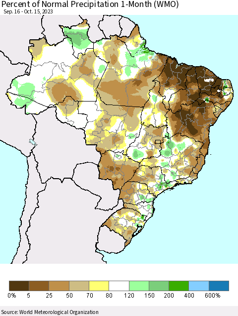 Brazil Percent of Normal Precipitation 1-Month (WMO) Thematic Map For 9/16/2023 - 10/15/2023
