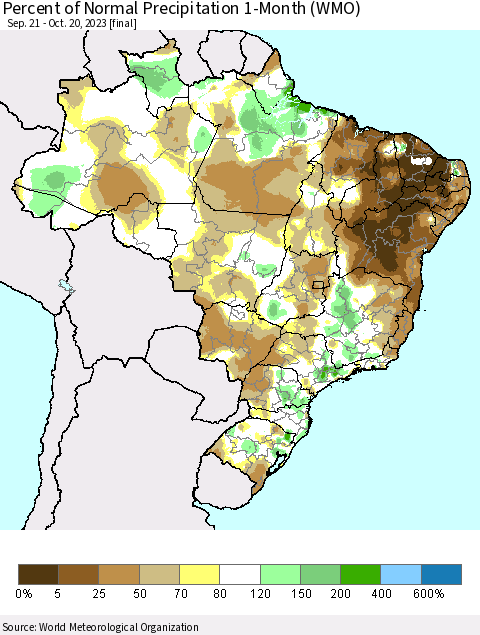 Brazil Percent of Normal Precipitation 1-Month (WMO) Thematic Map For 9/21/2023 - 10/20/2023