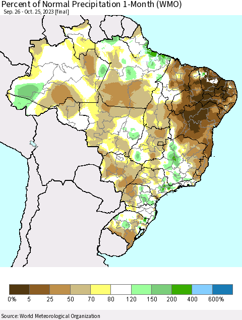 Brazil Percent of Normal Precipitation 1-Month (WMO) Thematic Map For 9/26/2023 - 10/25/2023