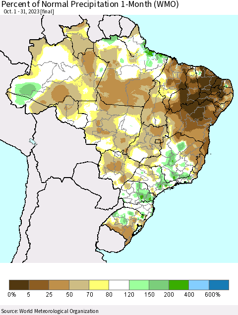 Brazil Percent of Normal Precipitation 1-Month (WMO) Thematic Map For 10/1/2023 - 10/31/2023