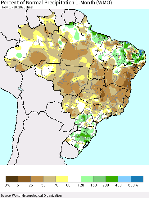 Brazil Percent of Normal Precipitation 1-Month (WMO) Thematic Map For 11/1/2023 - 11/30/2023
