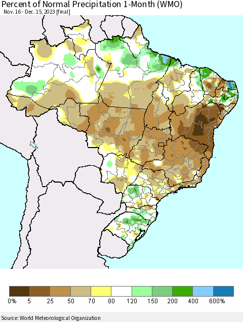Brazil Percent of Normal Precipitation 1-Month (WMO) Thematic Map For 11/16/2023 - 12/15/2023