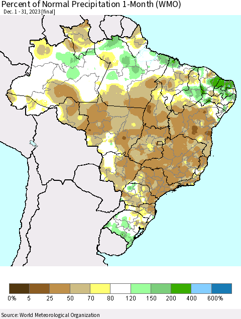 Brazil Percent of Normal Precipitation 1-Month (WMO) Thematic Map For 12/1/2023 - 12/31/2023