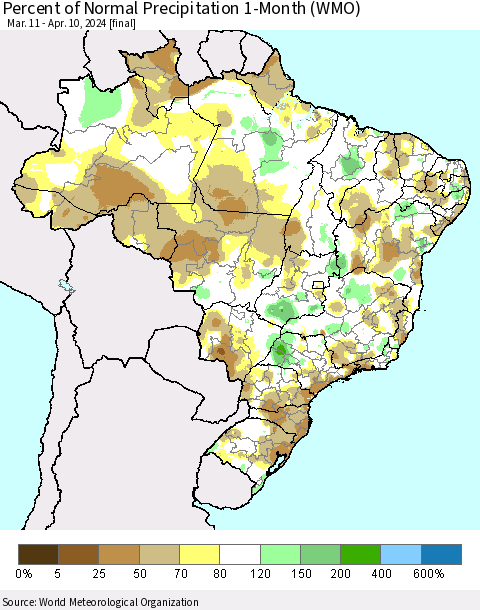 Brazil Percent of Normal Precipitation 1-Month (WMO) Thematic Map For 3/11/2024 - 4/10/2024