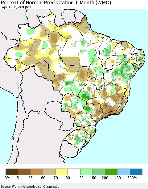 Brazil Percent of Normal Precipitation 1-Month (WMO) Thematic Map For 4/1/2024 - 4/30/2024
