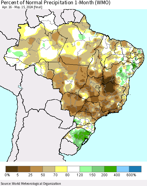 Brazil Percent of Normal Precipitation 1-Month (WMO) Thematic Map For 4/16/2024 - 5/15/2024