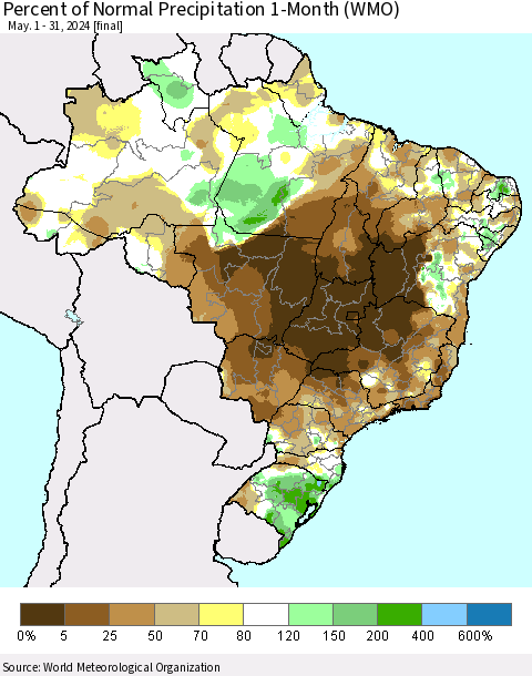 Brazil Percent of Normal Precipitation 1-Month (WMO) Thematic Map For 5/1/2024 - 5/31/2024