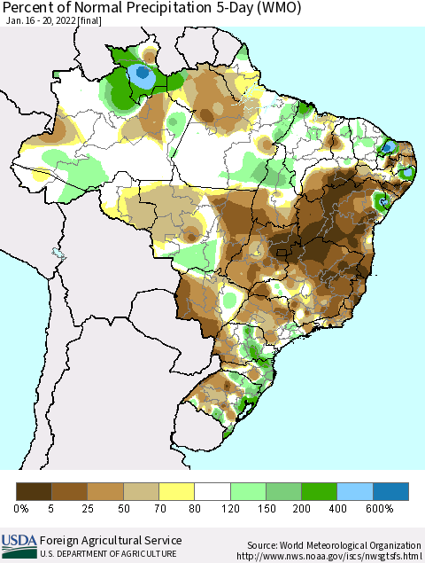 Brazil Percent of Normal Precipitation 5-Day (WMO) Thematic Map For 1/16/2022 - 1/20/2022
