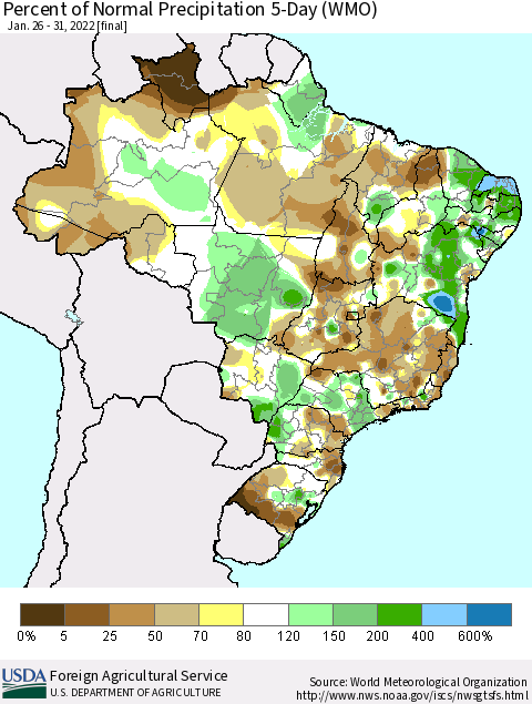 Brazil Percent of Normal Precipitation 5-Day (WMO) Thematic Map For 1/26/2022 - 1/31/2022