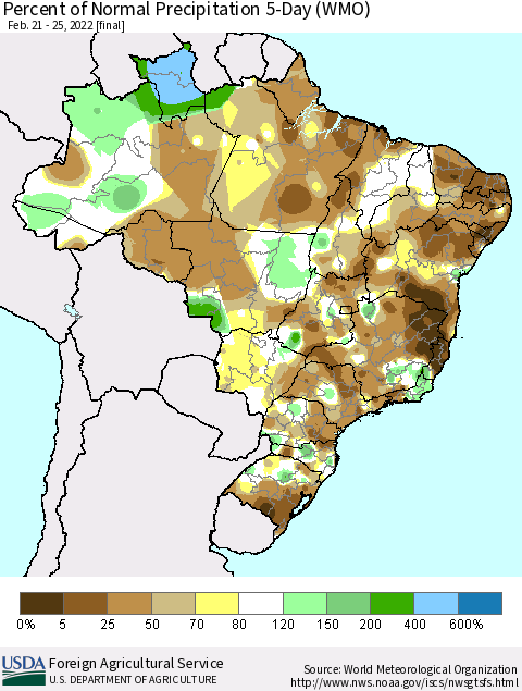 Brazil Percent of Normal Precipitation 5-Day (WMO) Thematic Map For 2/21/2022 - 2/25/2022