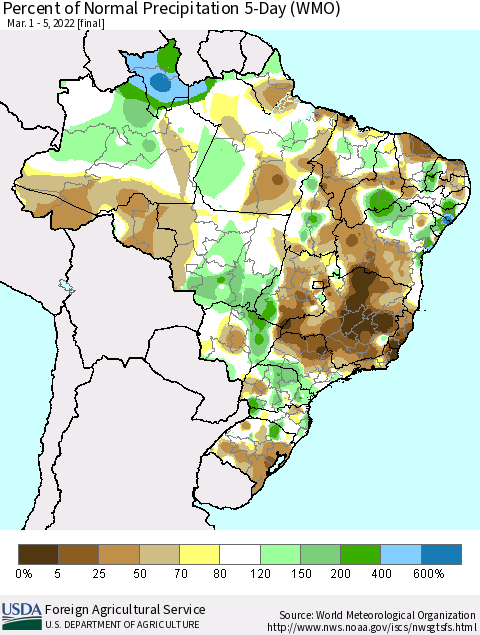 Brazil Percent of Normal Precipitation 5-Day (WMO) Thematic Map For 3/1/2022 - 3/5/2022