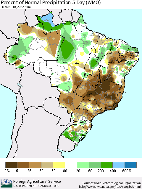 Brazil Percent of Normal Precipitation 5-Day (WMO) Thematic Map For 3/6/2022 - 3/10/2022