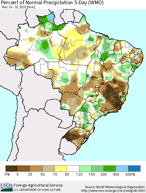Brazil Percent of Normal Precipitation 5-Day (WMO) Thematic Map For 3/16/2022 - 3/20/2022