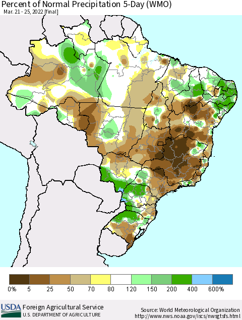 Brazil Percent of Normal Precipitation 5-Day (WMO) Thematic Map For 3/21/2022 - 3/25/2022