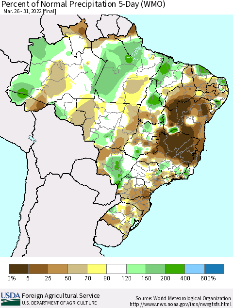 Brazil Percent of Normal Precipitation 5-Day (WMO) Thematic Map For 3/26/2022 - 3/31/2022