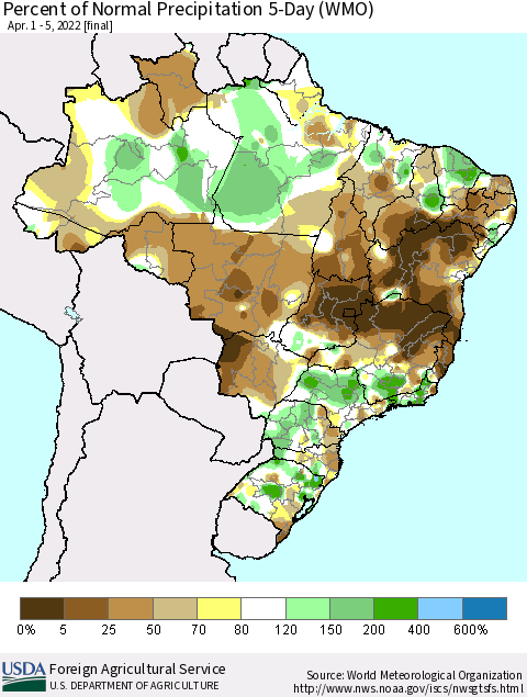 Brazil Percent of Normal Precipitation 5-Day (WMO) Thematic Map For 4/1/2022 - 4/5/2022