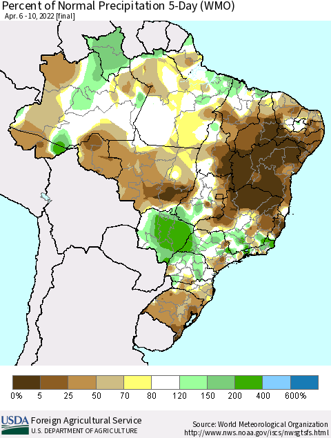 Brazil Percent of Normal Precipitation 5-Day (WMO) Thematic Map For 4/6/2022 - 4/10/2022