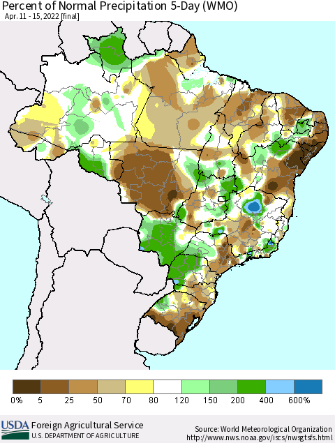 Brazil Percent of Normal Precipitation 5-Day (WMO) Thematic Map For 4/11/2022 - 4/15/2022