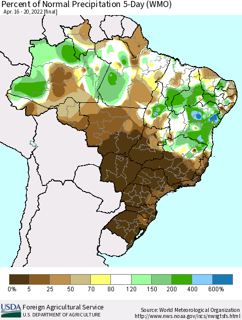 Brazil Percent of Normal Precipitation 5-Day (WMO) Thematic Map For 4/16/2022 - 4/20/2022