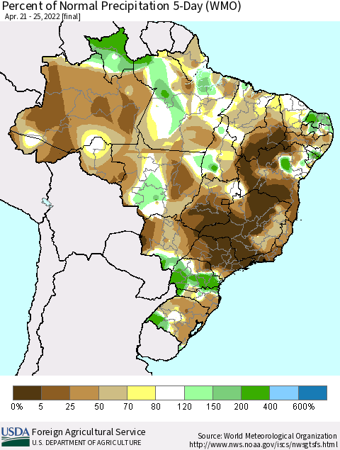 Brazil Percent of Normal Precipitation 5-Day (WMO) Thematic Map For 4/21/2022 - 4/25/2022